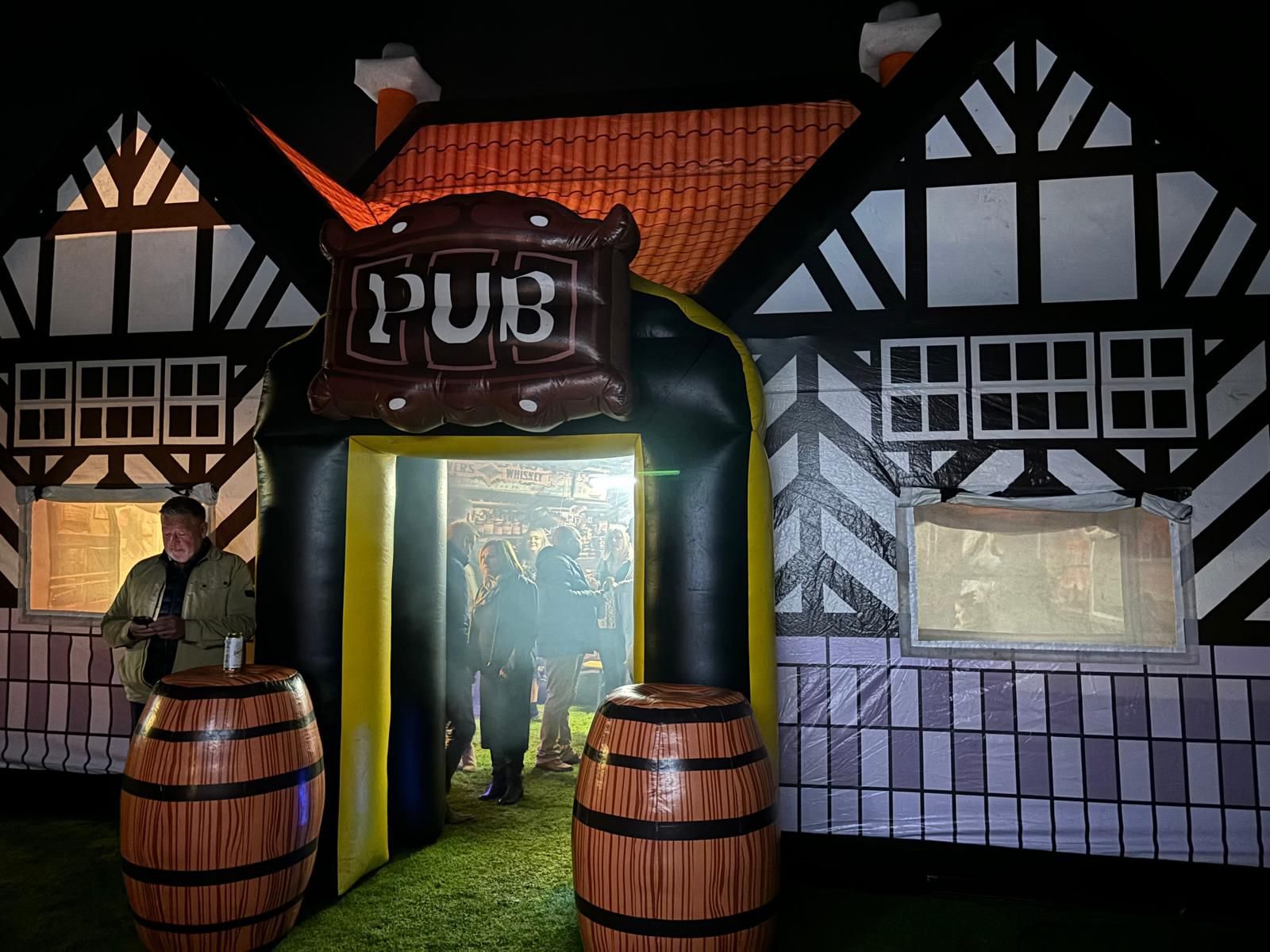 The inflatable pub lit for a night event